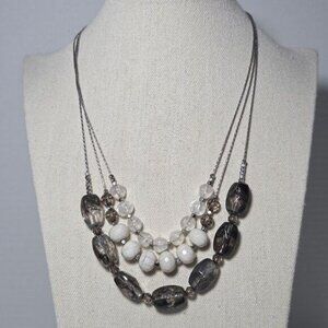LOFT Three Strand Beaded Necklace Smoky Gray Milky Faceted Silver Tone